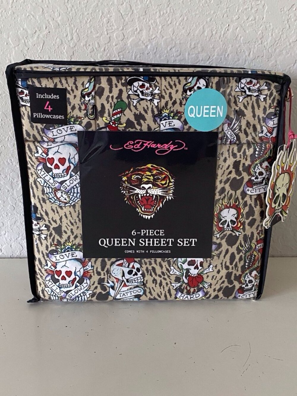6 PC Ed Hardy QUEEN SIZE Sheet Set Skulls Heart Leopard Animal Print NEW